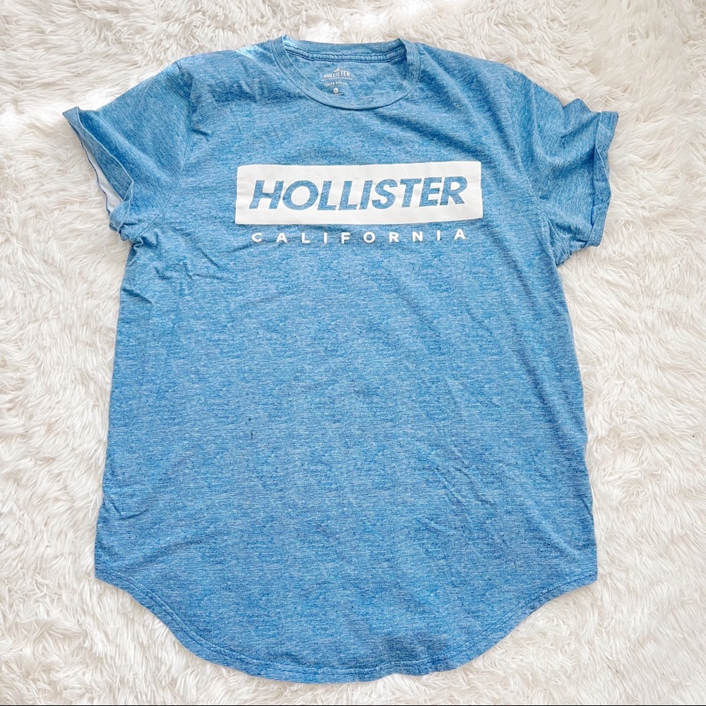 Hollister Logo Cuffed Sleeve Blue TShirt Size XL